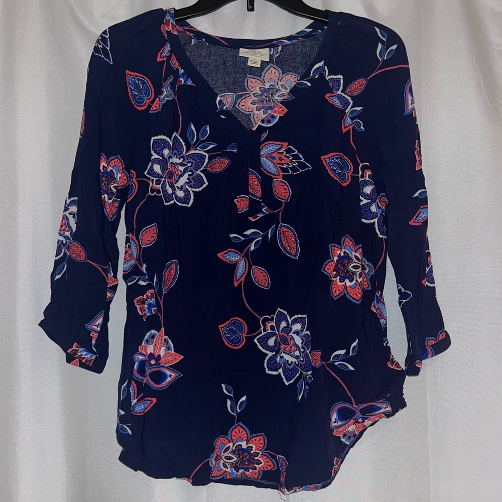 Navy blue blouse with pink and white flowers size small